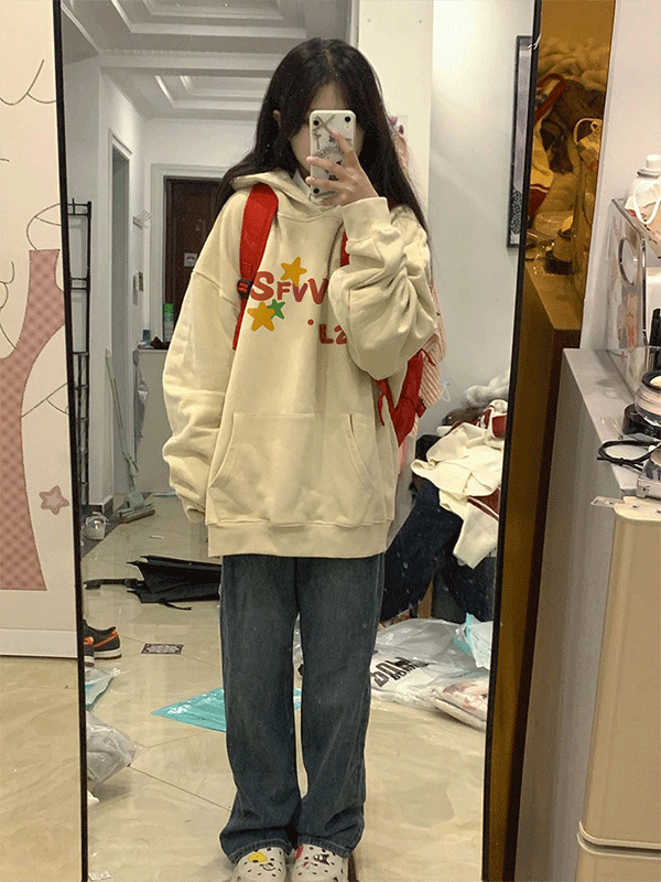 oversize寬鬆大碼奶黃衛衣女款春秋薄款2023新款美式重磅連帽上衣