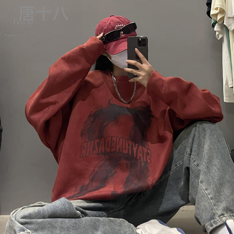 美式復古情侶衛衣男春秋潮牌印花字母麂皮絨重磅潮流高街寬鬆上衣