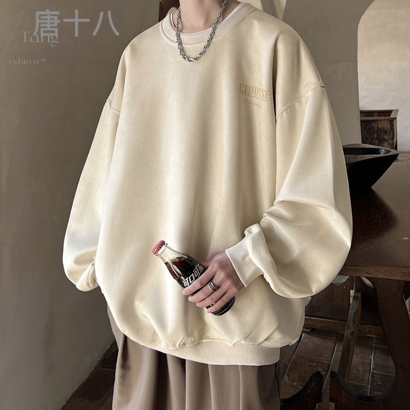 麂皮絨衛衣男秋季新款美式復古潮牌長袖t恤痞帥百搭重磅寬鬆外套