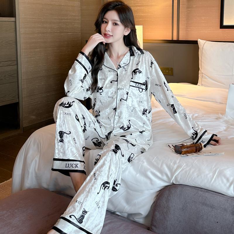 網紅貓咪睡衣女春秋季金絲絨高級感輕奢開衫韓版時尚家居服兩件套