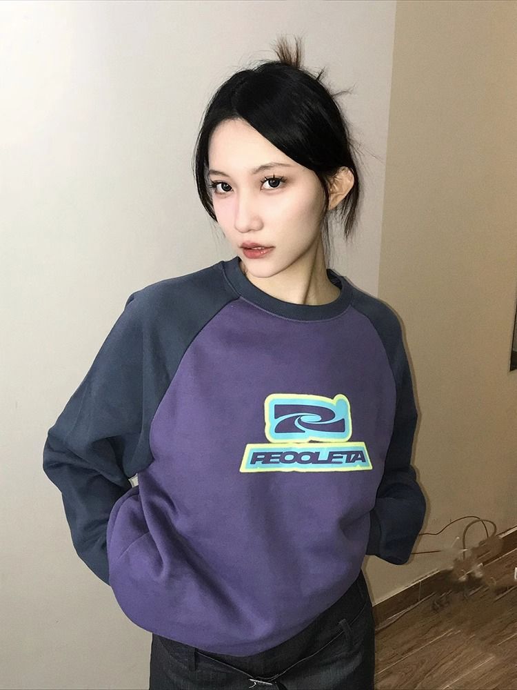 美式復古插肩袖衛衣女秋季寬鬆圓領套頭上衣oversize潮牌情侶外套