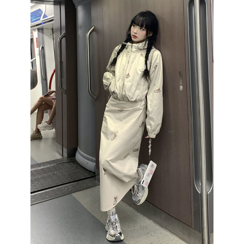 時尚氣質顯瘦減齡連帽上衣連衣裙兩件套裝女港味時尚印花裙子套裝