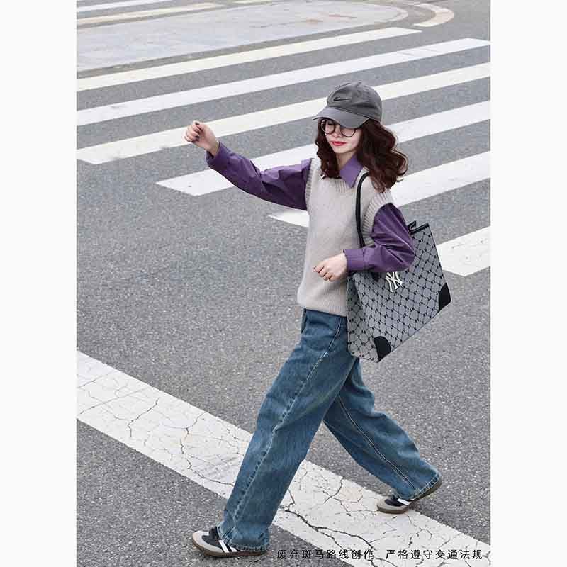 大碼女秋季套裝女2023新款韓系輕熟風高級針織馬甲紫色襯衫牛仔褲