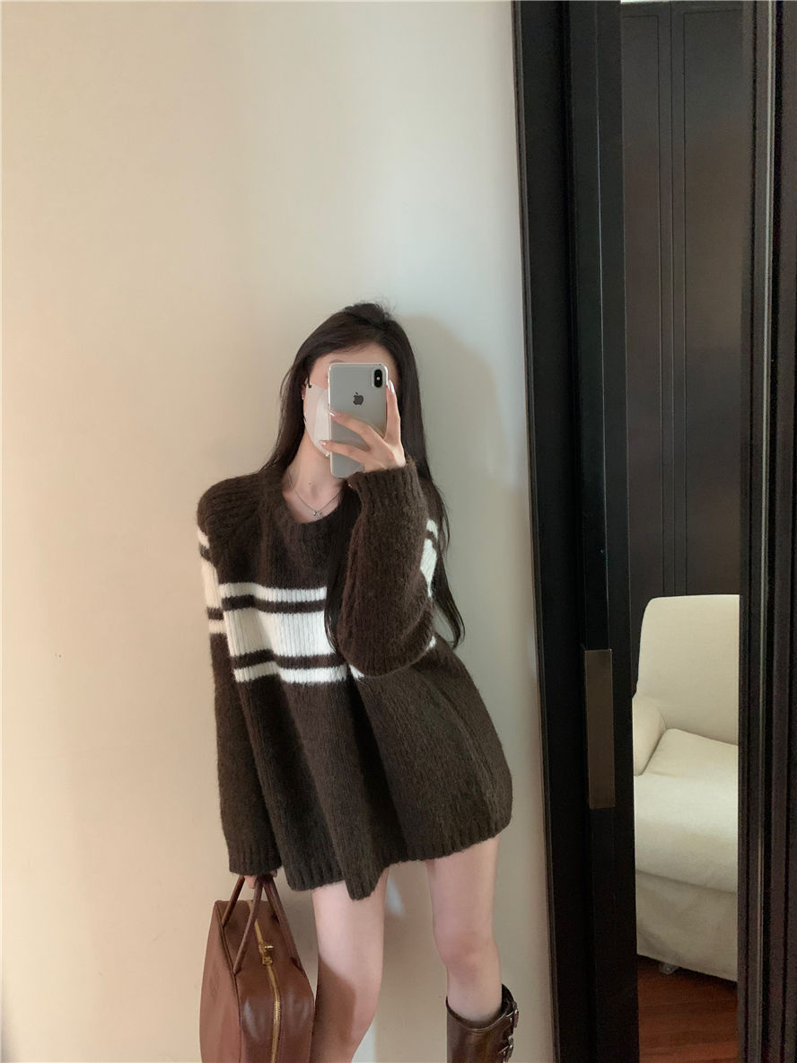 慵懶風撞色長袖毛衣外套女秋季設計感小眾寬鬆休閒軟糯針織衫上衣