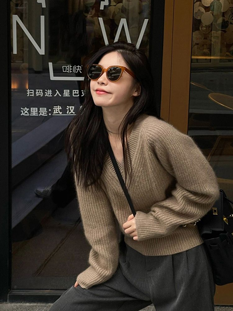 慵懶風V領長袖針織毛衣女秋季韓版2023新款外穿寬鬆學生套頭上衣