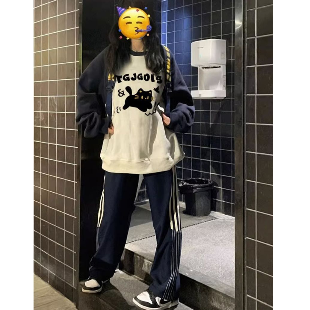 100%重磅純棉慵懶風美式圓領撞色時尚衛衣女2023春秋薄款小眾寬鬆