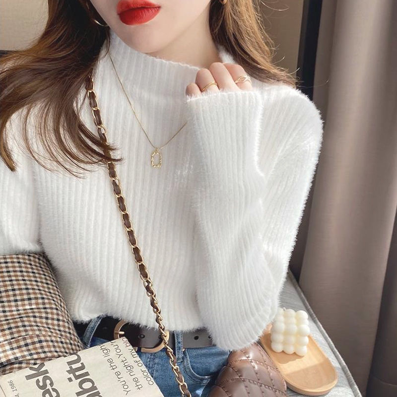 Autumn and winter soft and waxy half turtleneck mink velvet knitted bottoming shirt for women, slim fit and slim inner sweater, thickened western style top