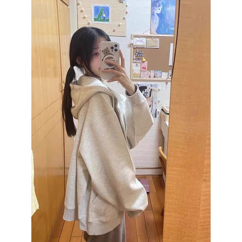 100% heavyweight cotton American hooded sweatshirt jacket for women loose oversize lazy style 2023 spring and autumn thin style