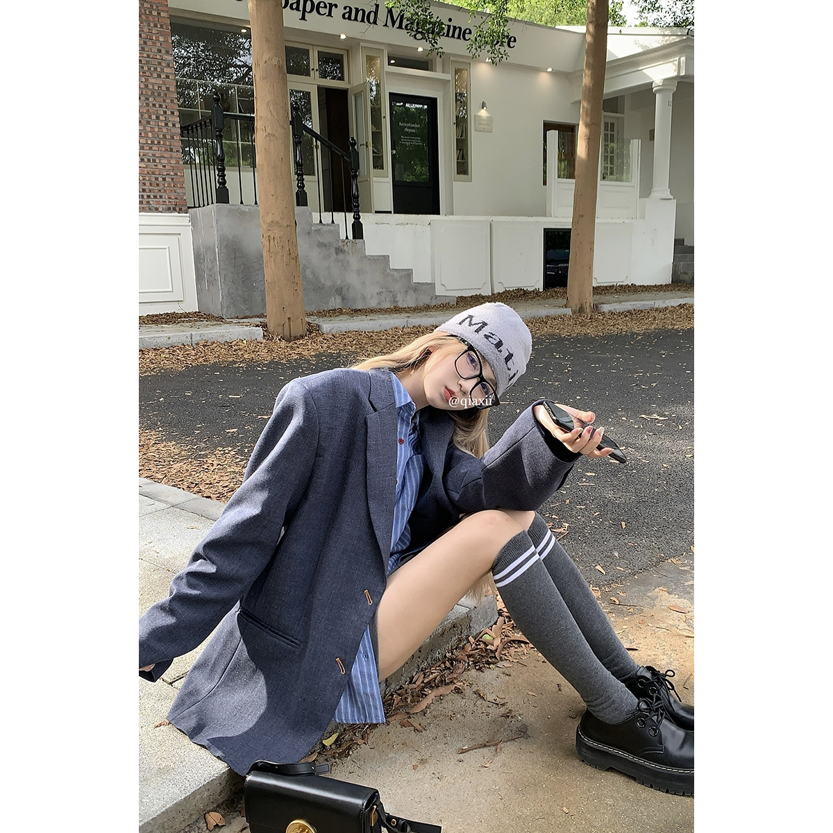 學院風套裝西裝領外套女條紋襯衫韓版2023早秋半身裙包臀裙三件套