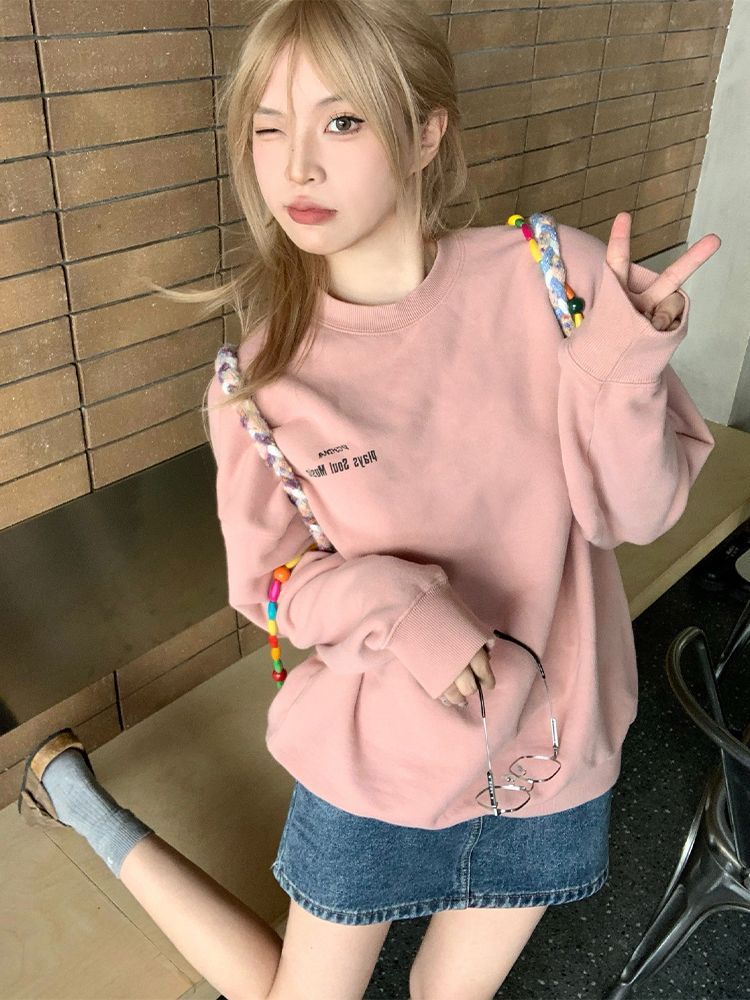 美式重磅衛衣女oversize春秋款情侶套頭圓領長袖慵懶風寬鬆上衣潮