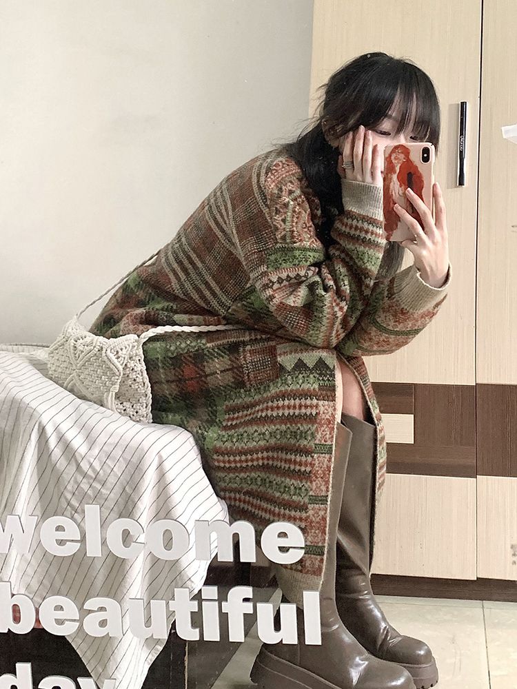 毛衣女秋冬慵懶風復古寬鬆百搭撞色拼接高領針織衫中長款過膝外套