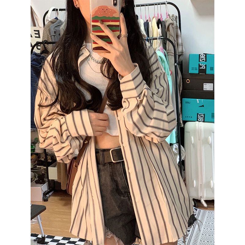 條紋襯衫2023年夏季防曬上衣襯衣女長袖秋裝新款外套法式外搭薄款