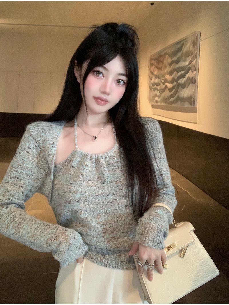 法式百搭休閒假兩件針織衫女長袖薄款掛脖設計感純欲別致毛衣秋季