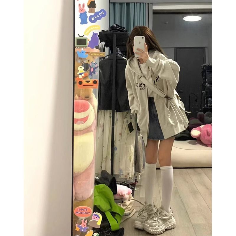 美式hiphop白灰色潮牌字母連帽衛衣女春秋寬鬆慵懶風百搭開衫外套