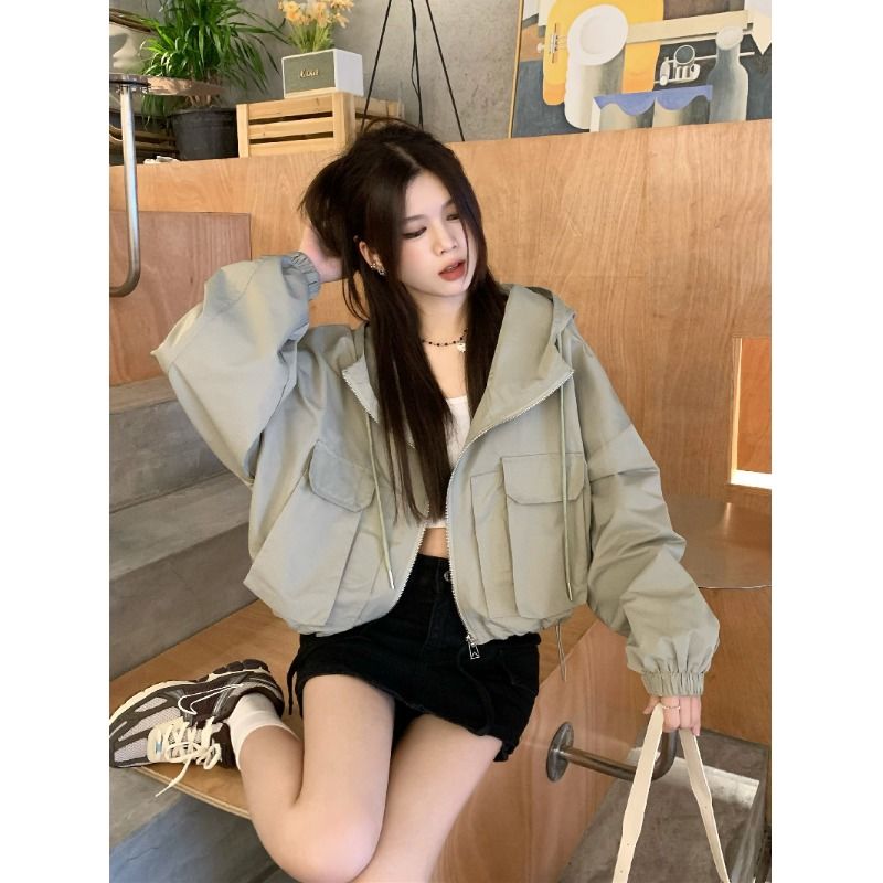 Khaki hooded work jacket for women in autumn, versatile, small, loose, lazy, casual cardigan short jacket