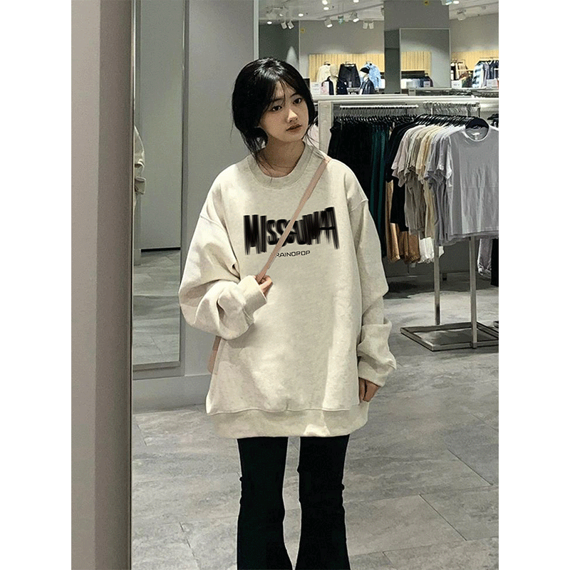 薄款圓領無帽衛衣女士春秋季2023新款oversize加絨加厚美式上衣潮
