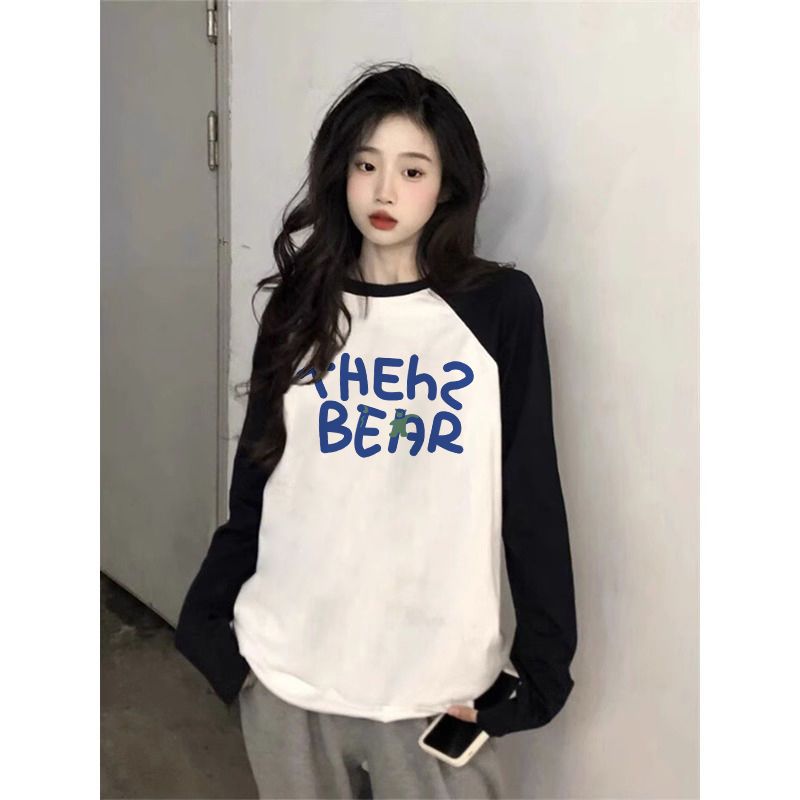 2023新款美式插肩圓領秋天外穿秋季韓系寬鬆oversize長袖上衣ins
