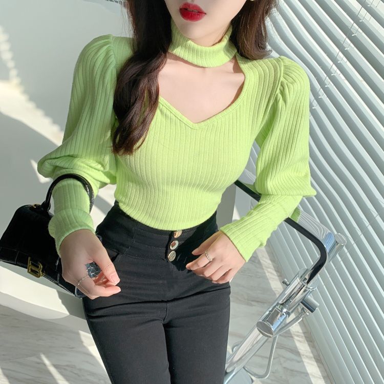 V領性感掛脖修身打底衫2023秋季新款法式小眾氣質針織上衣女裝