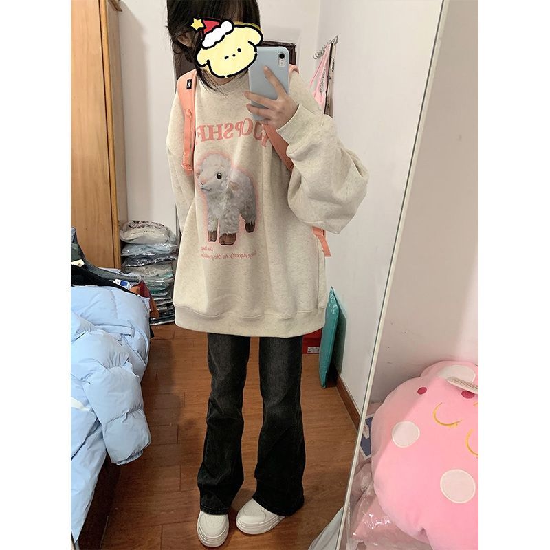 小個子美式復古灰色衛衣女春秋2023新款oversize圓領港味chic上衣