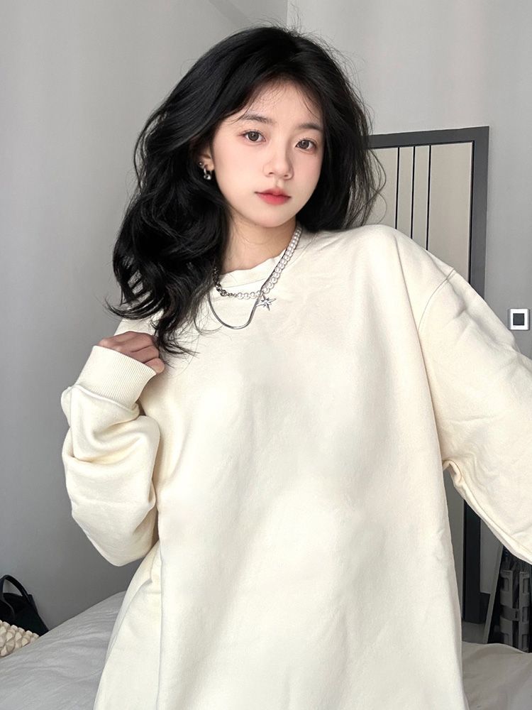 美式純色內搭衛衣女打底衫2023秋季簡約chic加絨白色學生t恤上衣