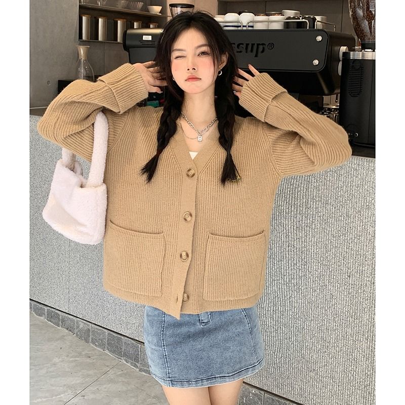 桑稚同款杏色v領外套韓系慵懶風厚長袖刺繡針織開衫女減齡上衣秋