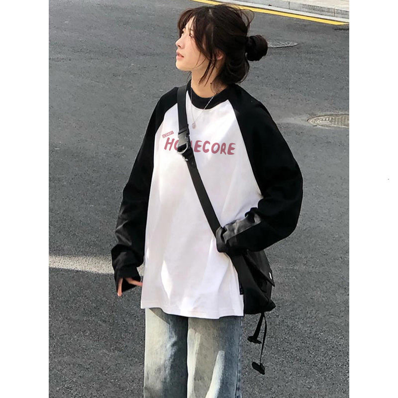 純棉拼接插肩長袖t恤女春秋款寬鬆休閒慵懶風中長款黑白撞色上衣