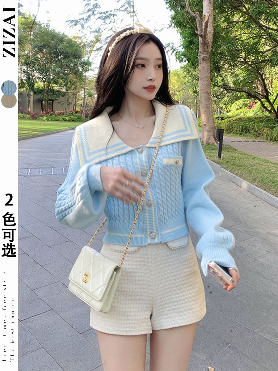 奶fufu軟糯毛衣女早秋季設計感短款海軍領上衣氣質百搭小香風外套