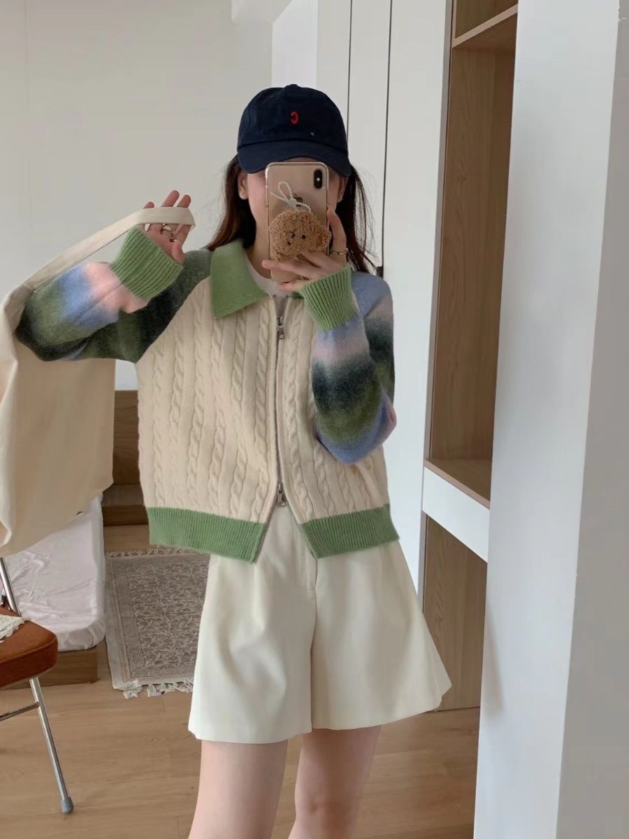 polo領短款毛衣開衫女新款拉鏈針織衫小個子女裝設計感上衣外套潮
