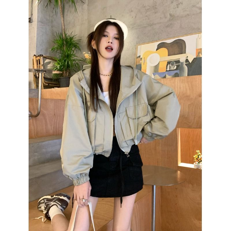 Khaki hooded work jacket for women in autumn, versatile, small, loose, lazy, casual cardigan short jacket