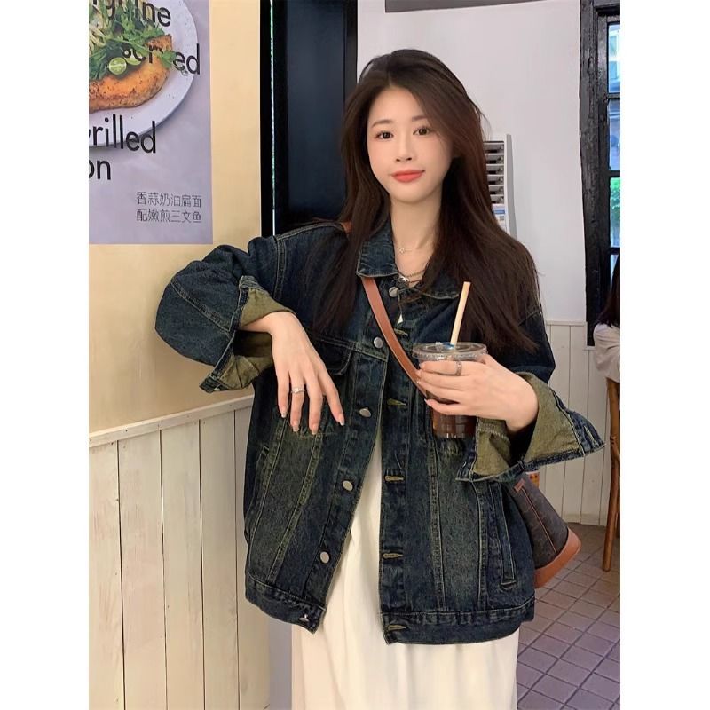 Spring and autumn new Hong Kong style retro denim jacket women's loose washed old jacket long-sleeved niche top trend