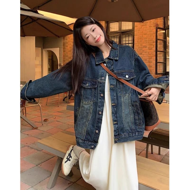 Spring and autumn new Hong Kong style retro denim jacket women's loose washed old jacket long-sleeved niche top trend