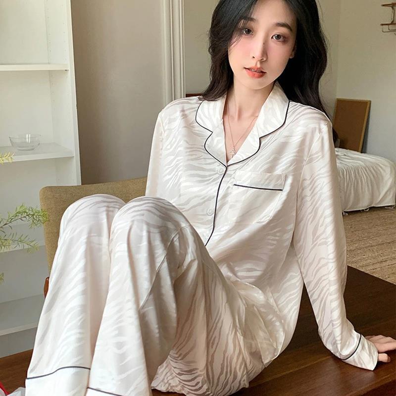 2023年新款春秋款冰絲睡衣女夏季絲綢高級感白色長袖女士家居服薄