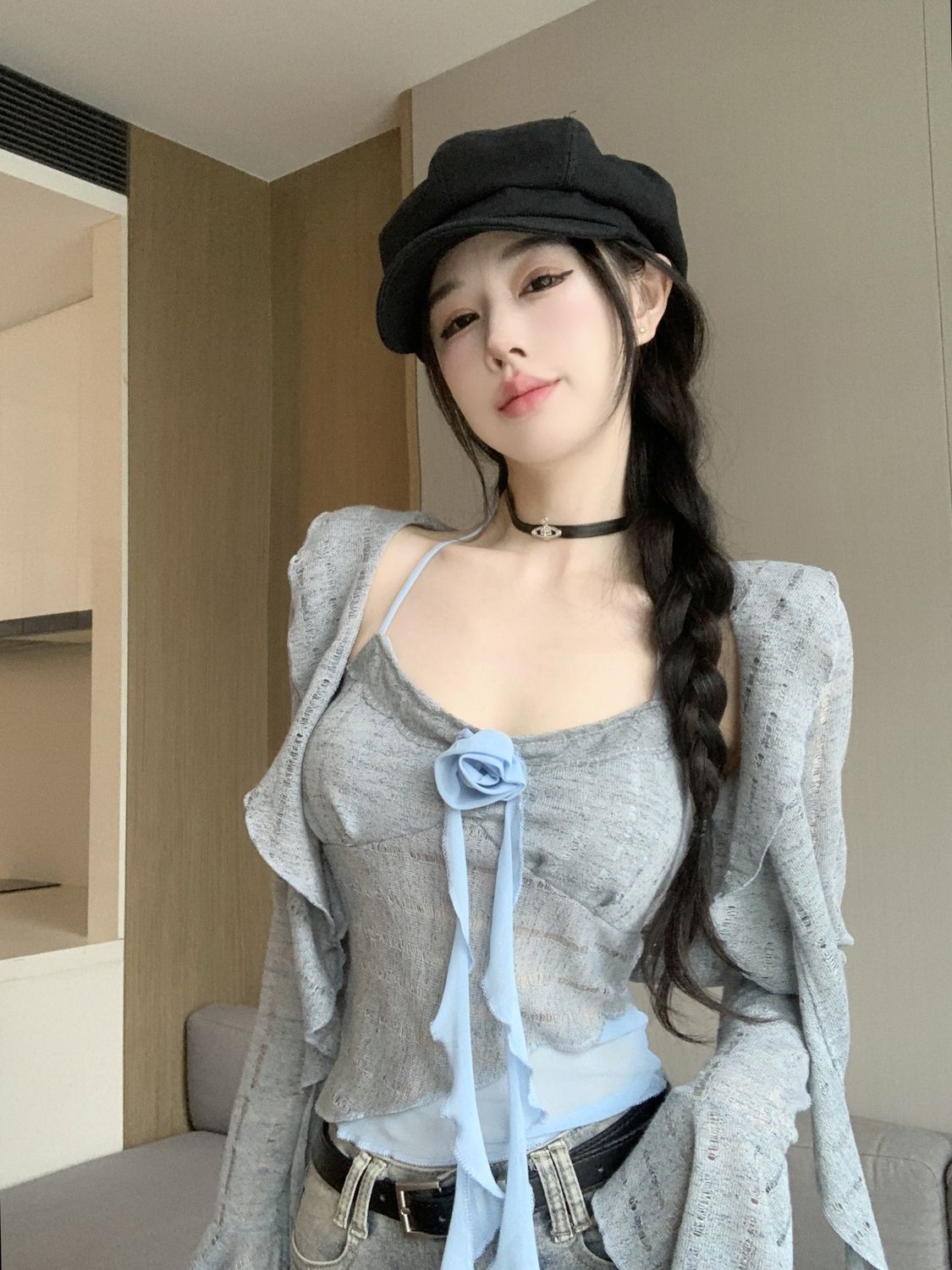 純欲掛脖拼色吊帶小背心上衣女秋性感鏤空喇叭袖開衫外套上衣套裝