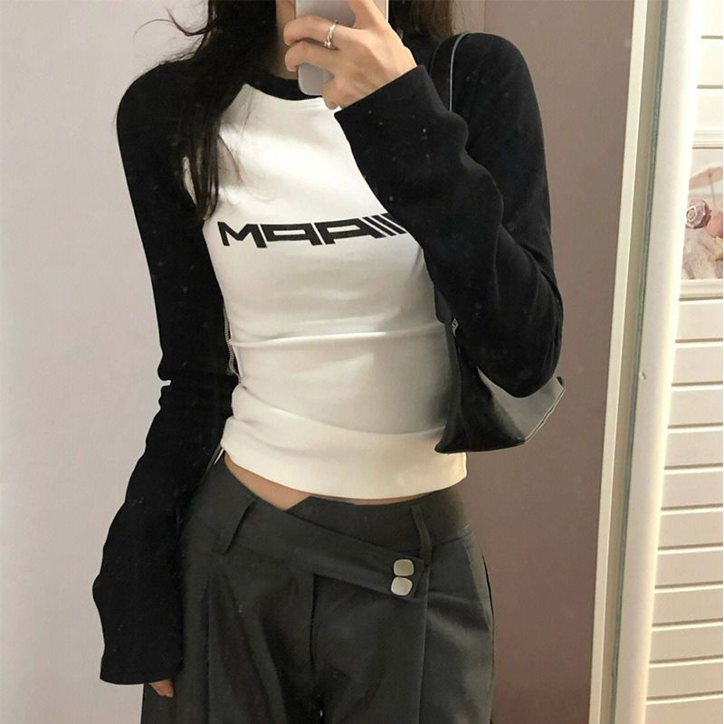 美式復古bm短款掐腰長袖t恤女2023早秋薄款辣妹修身打底正肩上衣