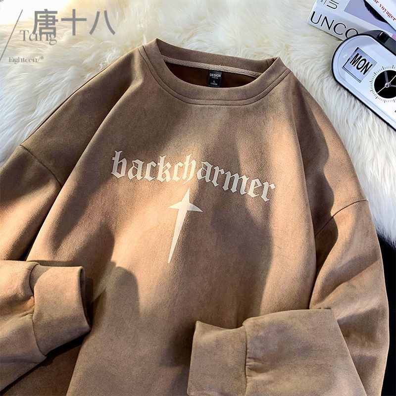 350克麂皮絨衛衣男春秋圓領美式重磅外套設計感小眾潮ins潮牌早秋