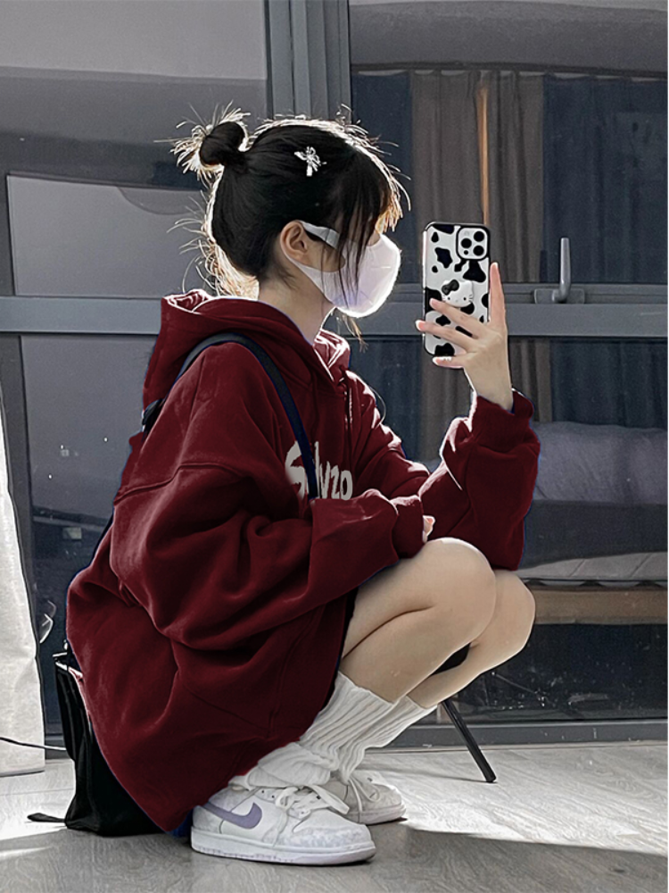 酒紅色連帽oversize寬鬆衛衣外套女春秋薄款2023新款初秋帽衫上衣