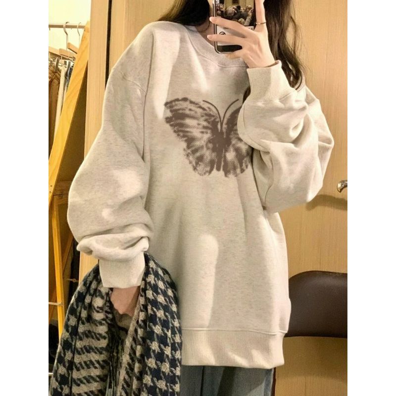 寬鬆灰色無帽顯瘦上衣女學生衛衣慵懶風ins風潮2023秋冬新款韓版