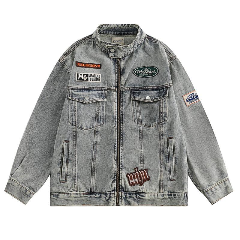 CURPOPP American retro denim jacket for men and women washed old workwear jacket vintage stand collar motorcycle jacket