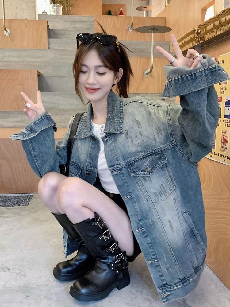 American retro washed distressed spring and autumn new denim jacket for women loose and versatile high-end temperament jacket top