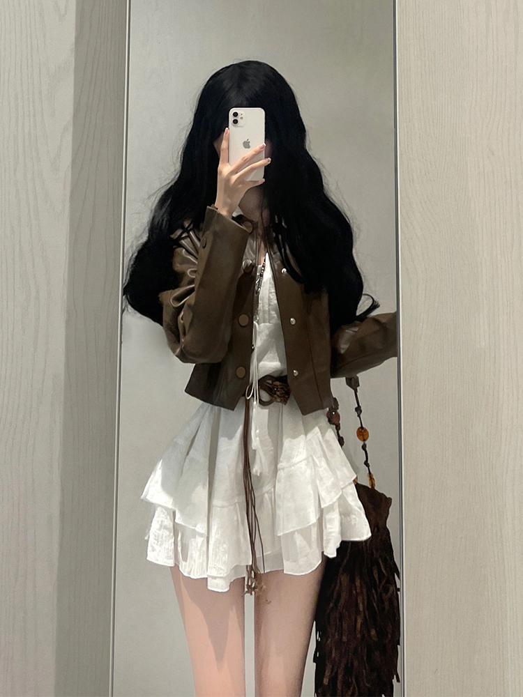 【品牌LALADUDU】胖mm美式復古機車外套女秋季純欲長袖連衣裙套裝