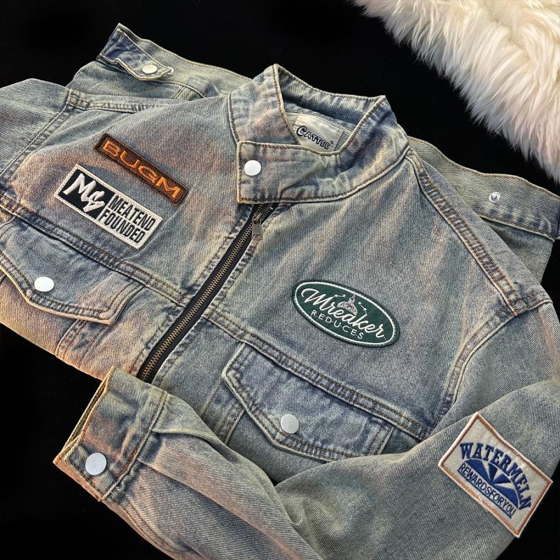 CURPOPP American retro denim jacket for men and women washed old workwear jacket vintage stand collar motorcycle jacket