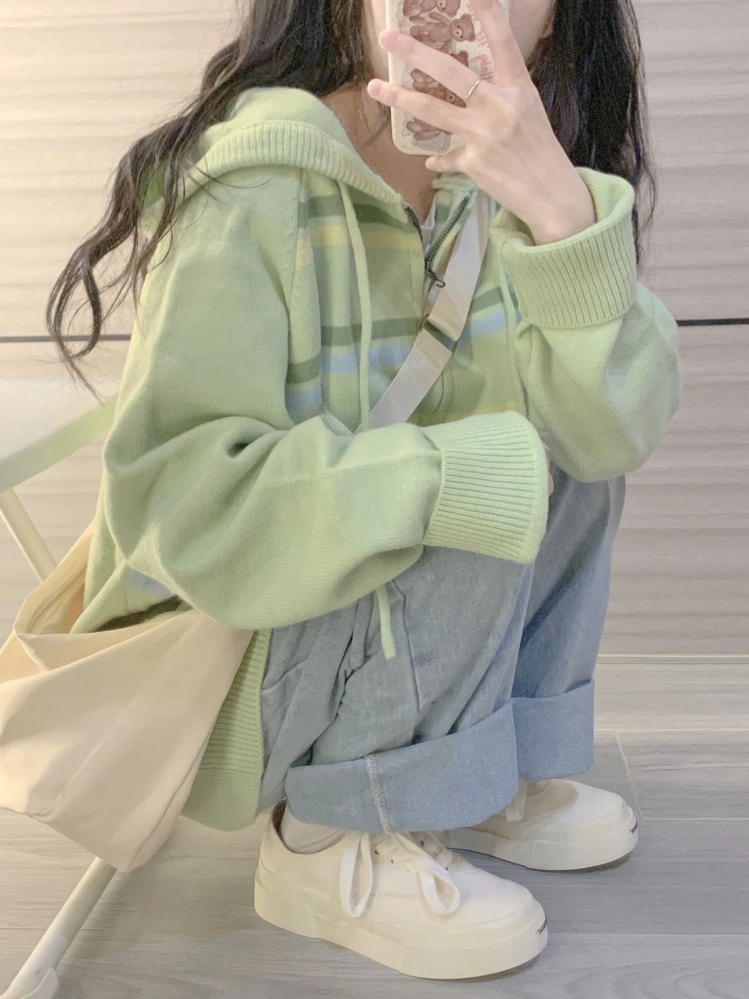 條紋撞色休閒開衫女2023秋冬寬鬆韓版寬鬆慵懶風連帽針織毛衣外套