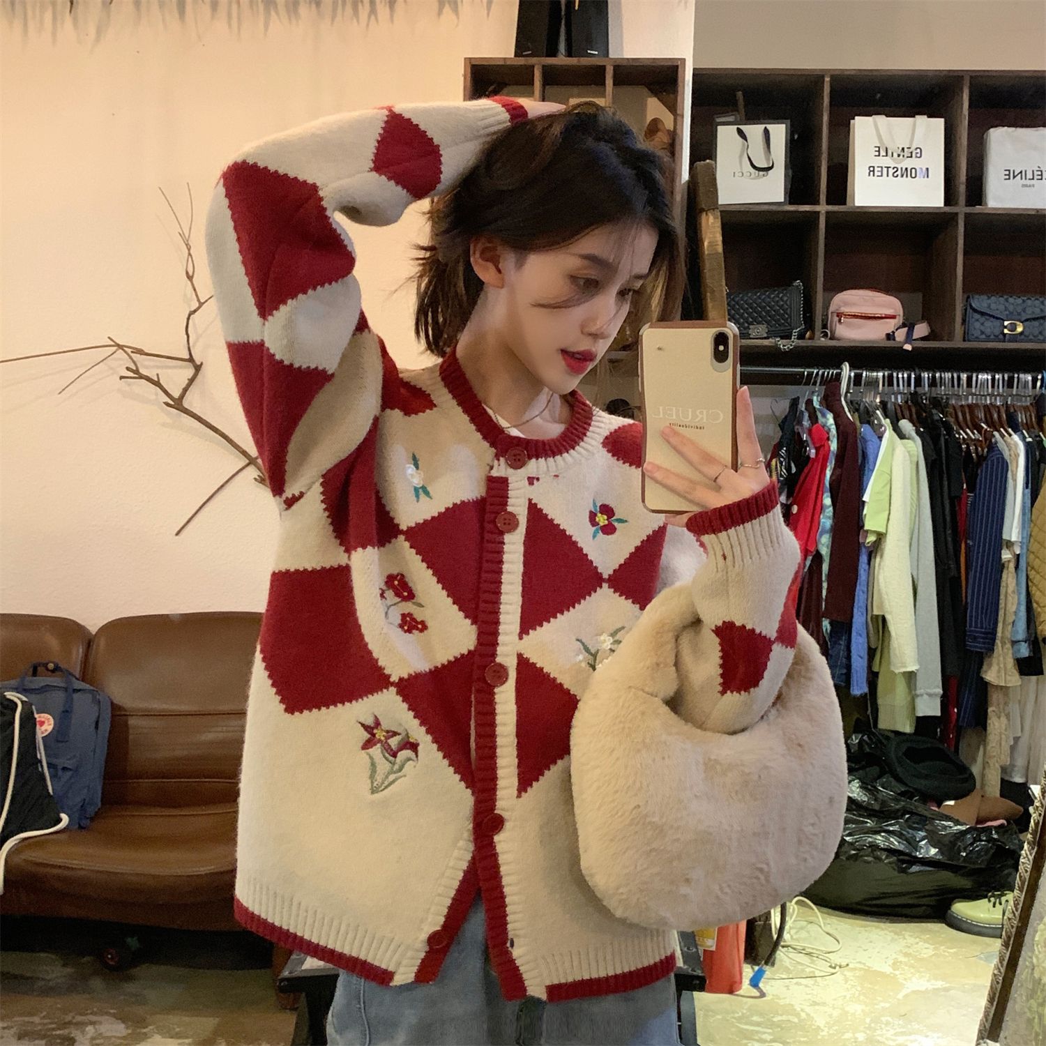 Checkerboard embroidery New Year red sweater jacket for women autumn and winter thickened loose design niche knitted sweater cardigan