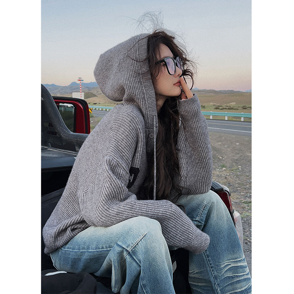 連帽慵懶風長袖針織衫衛衣女裝春秋季設計感小眾寬鬆外搭毛衣外套