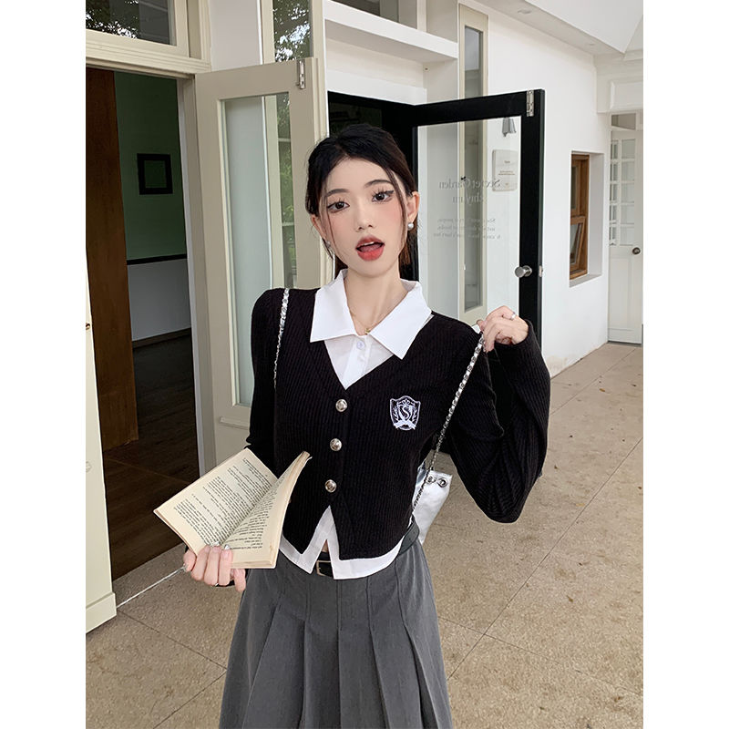 假兩件polo領長袖針織衫女秋季2023新款學院風設計感拼接短款上衣