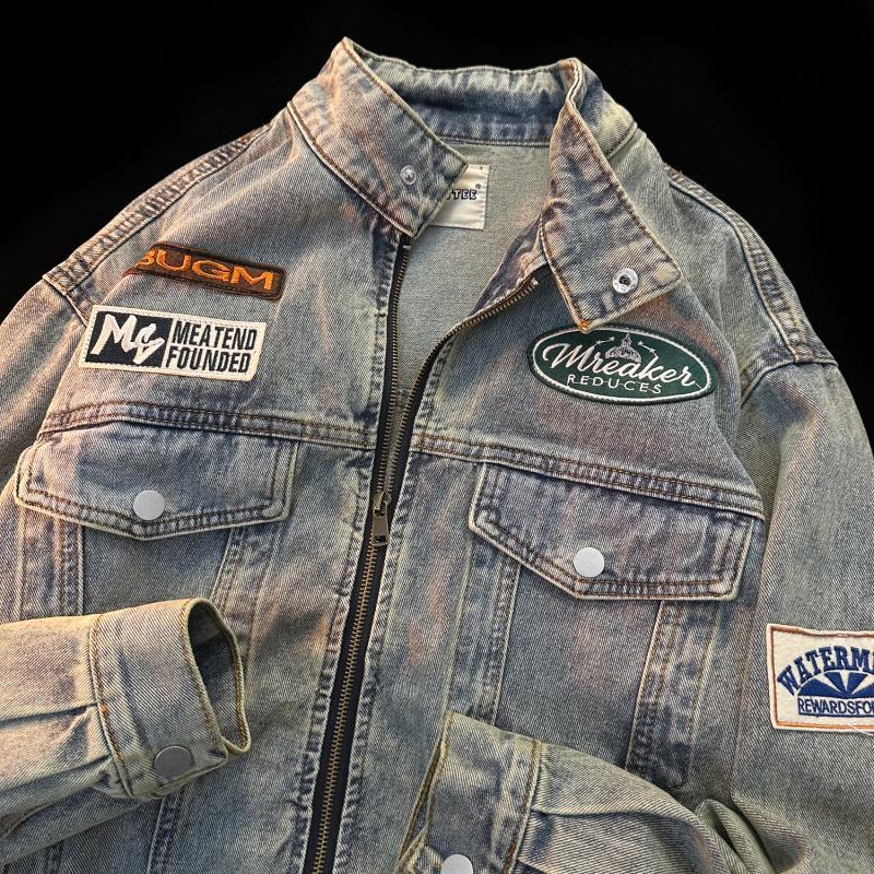 CURPOPP American retro denim jacket for men and women washed old workwear jacket vintage stand collar motorcycle jacket