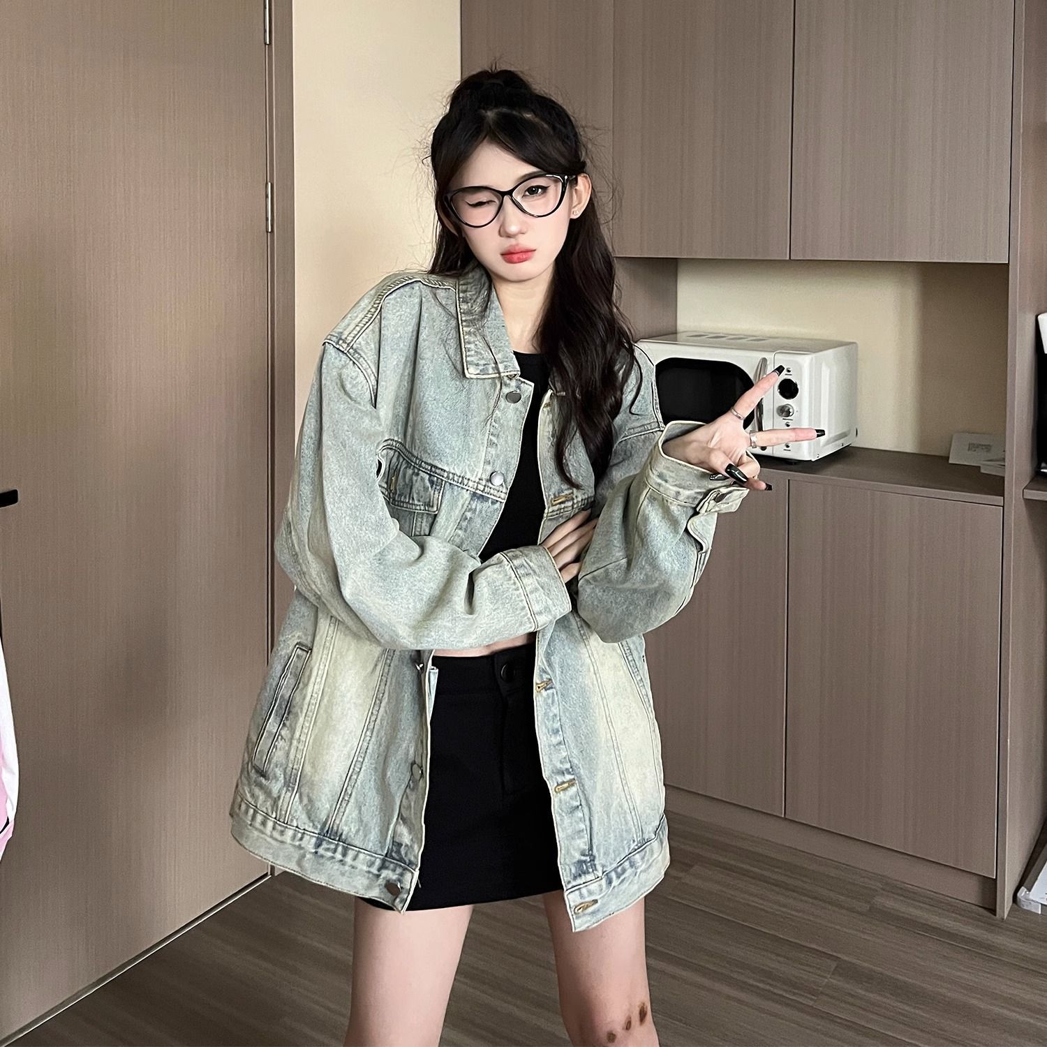 American denim jacket women's Hong Kong style washed casual all-match college style retro loose casual long-sleeved jacket jacket
