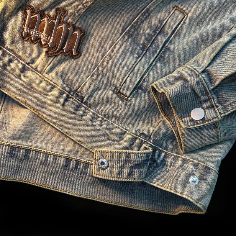 CURPOPP American retro denim jacket for men and women washed old workwear jacket vintage stand collar motorcycle jacket