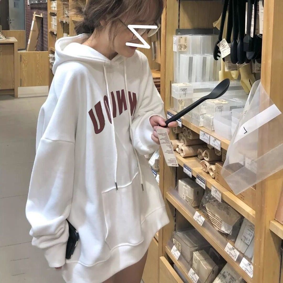白色連帽衛衣女春秋外套美式復古oversize小個子長袖寬鬆薄款帽衫