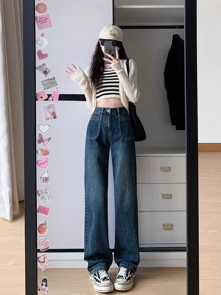 復古藍高腰闊腿牛仔褲女秋季2023年新款直筒寬鬆小個子垂感拖地褲